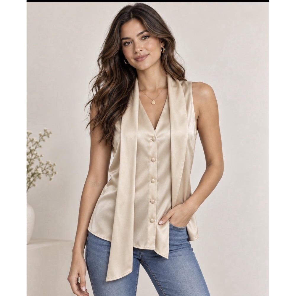 St John Womens Sleeveless Button/Tie Front Blouse Sz 4 Light Gold